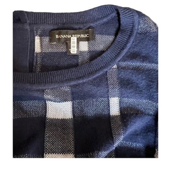 Banana Republic Women Sweater Large Blue Check Back Button Crew Neck Lightweight - Picture 6 of 6